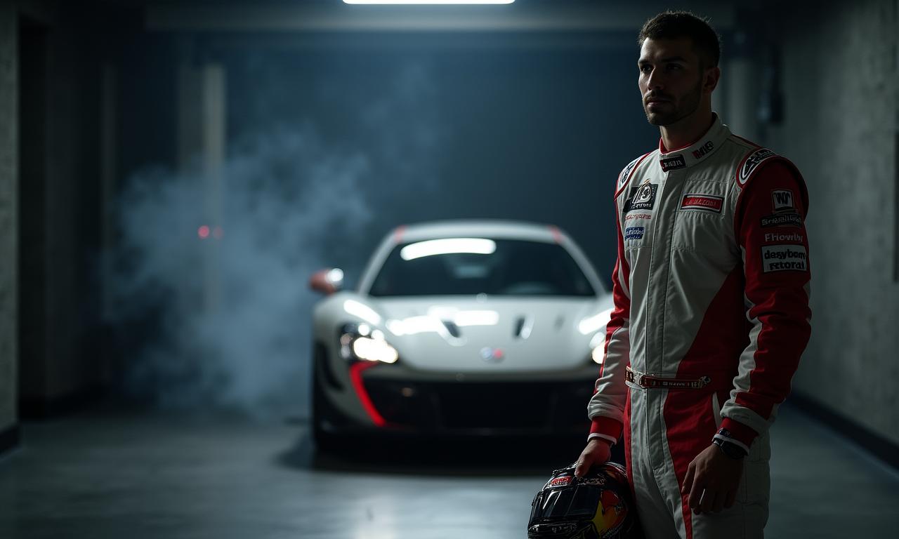 Pilota in tuta racing che si prepara nel box